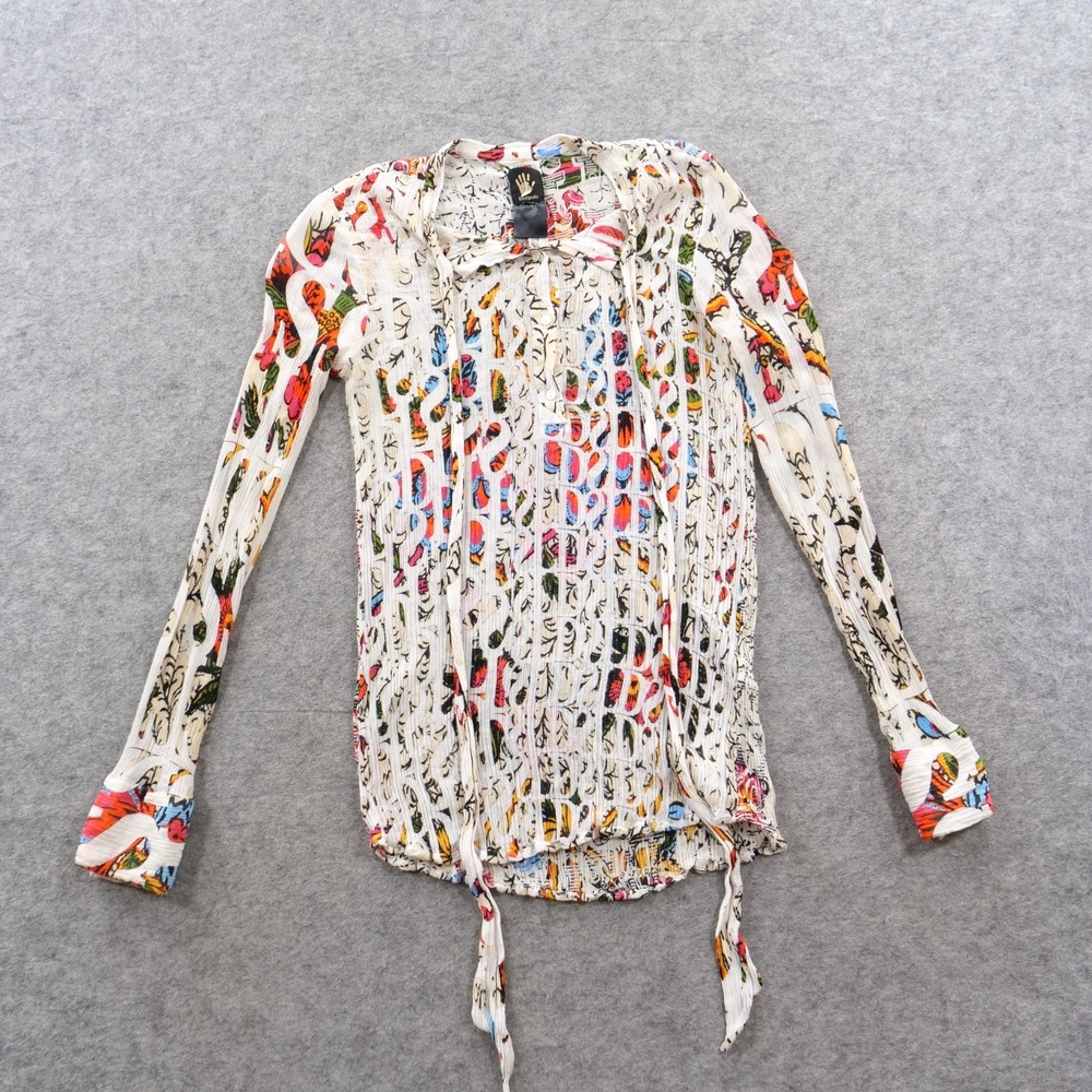 Desigual Top Womens US Small White Silk Blend Abstract Print Blouse Shirt